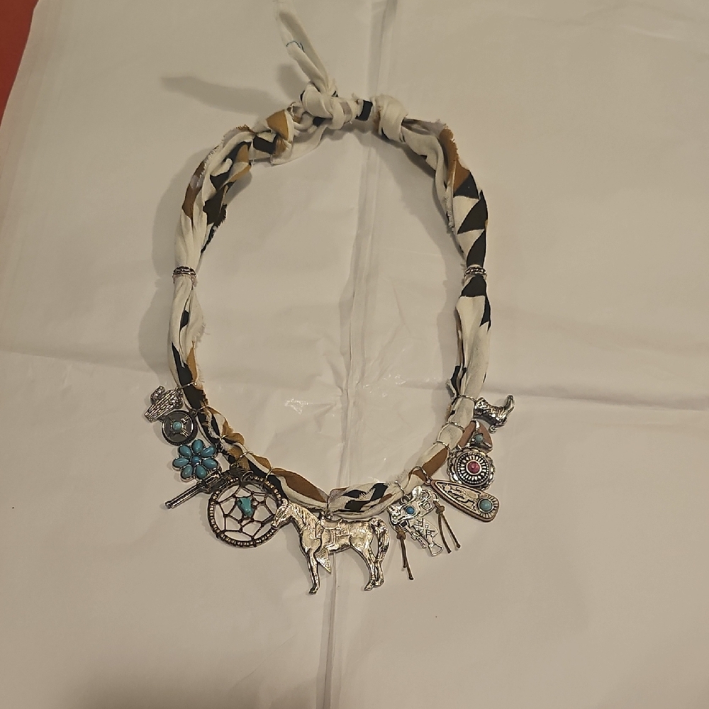 Bandana Charm Necklace with Western Silver Accents